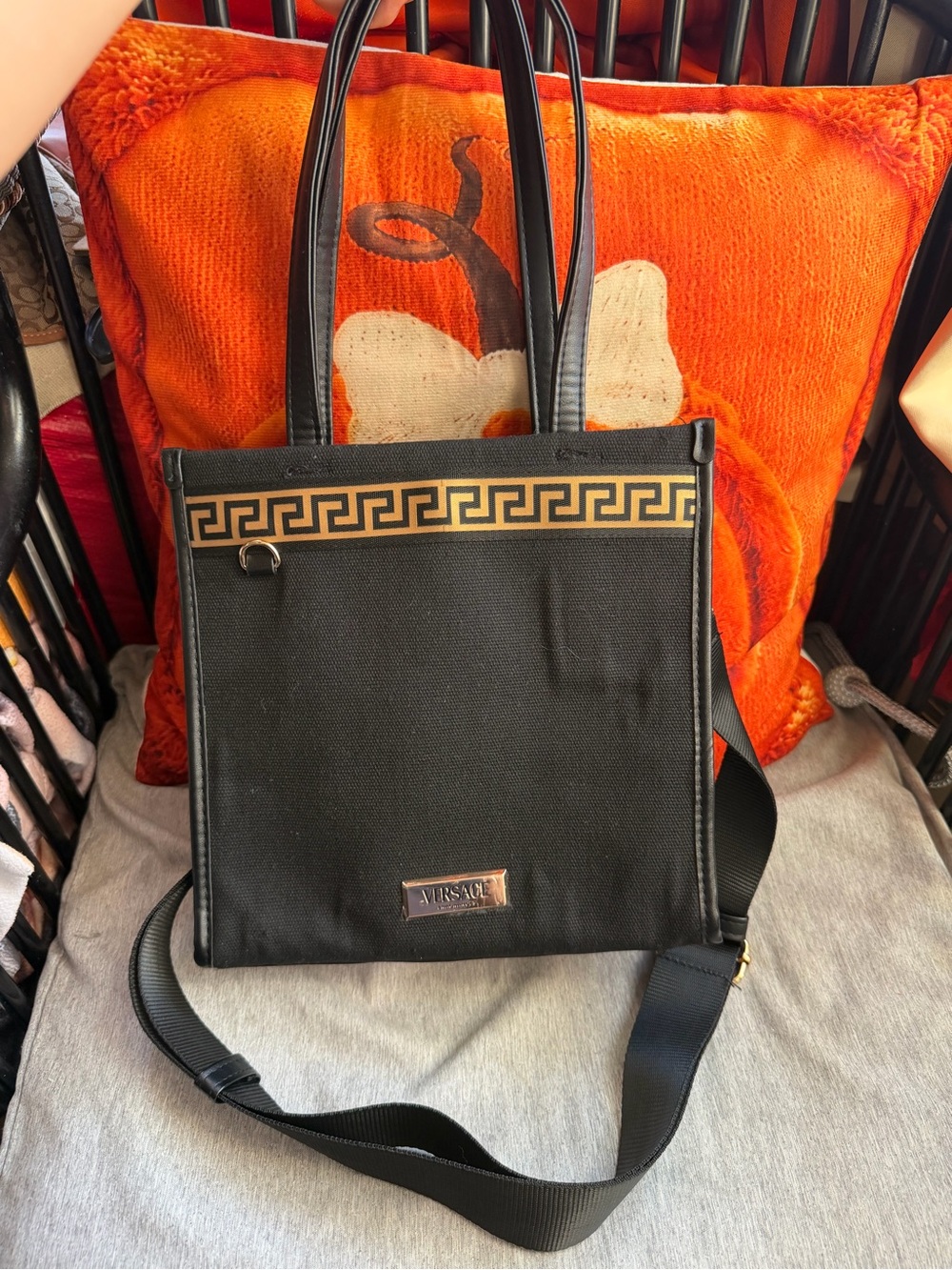 Versace fragance Black Crossbody Tote with Gold Greek Key Trim